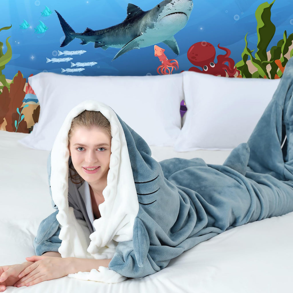 QUSLLIS Shark Blanket - Hai Decke - aus Superweichem, Gemütlichem Flanell mit Kapuze, Hai Overall, Deckenkapuzenpullover, Schlafsack Tragbare Decke für Erwachsene und Kinder - XL