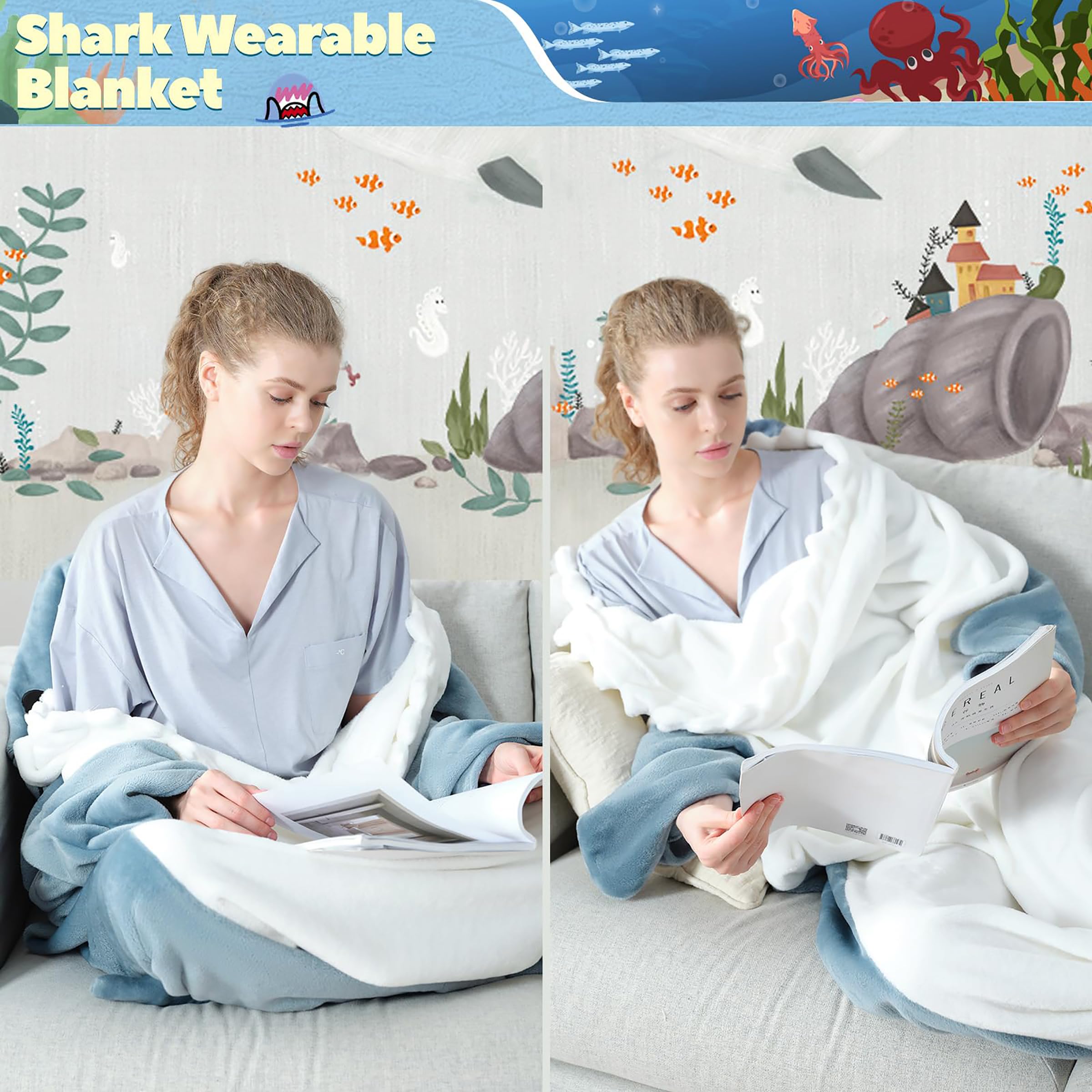 QUSLLIS Shark Blanket - Hai Decke - aus Superweichem, Gemütlichem Flanell mit Kapuze, Hai Overall, Deckenkapuzenpullover, Schlafsack Tragbare Decke für Erwachsene und Kinder - XL